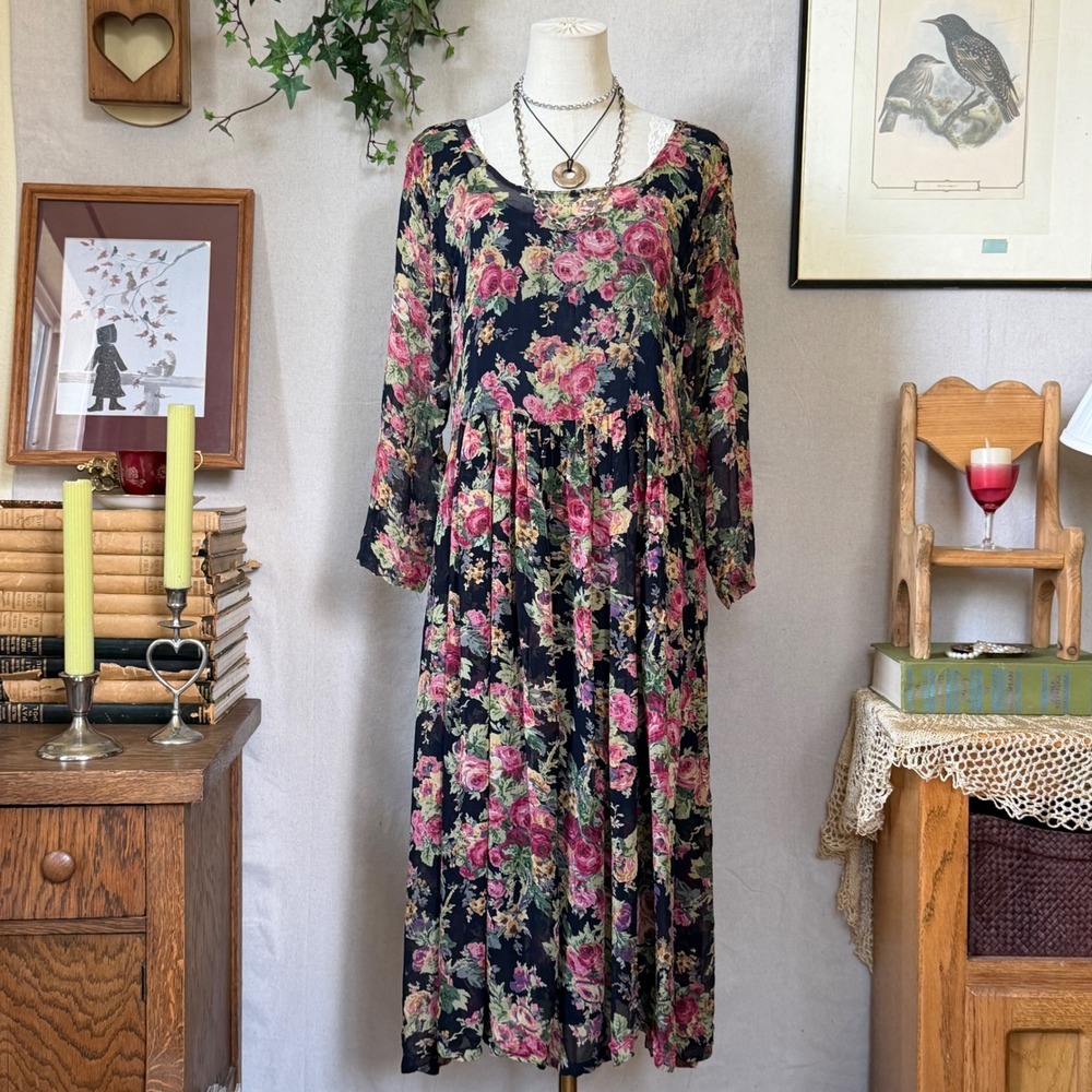 Black Floral Midi Dress Cottagecore 90s Vintage Medium Girly Grunge Babydoll